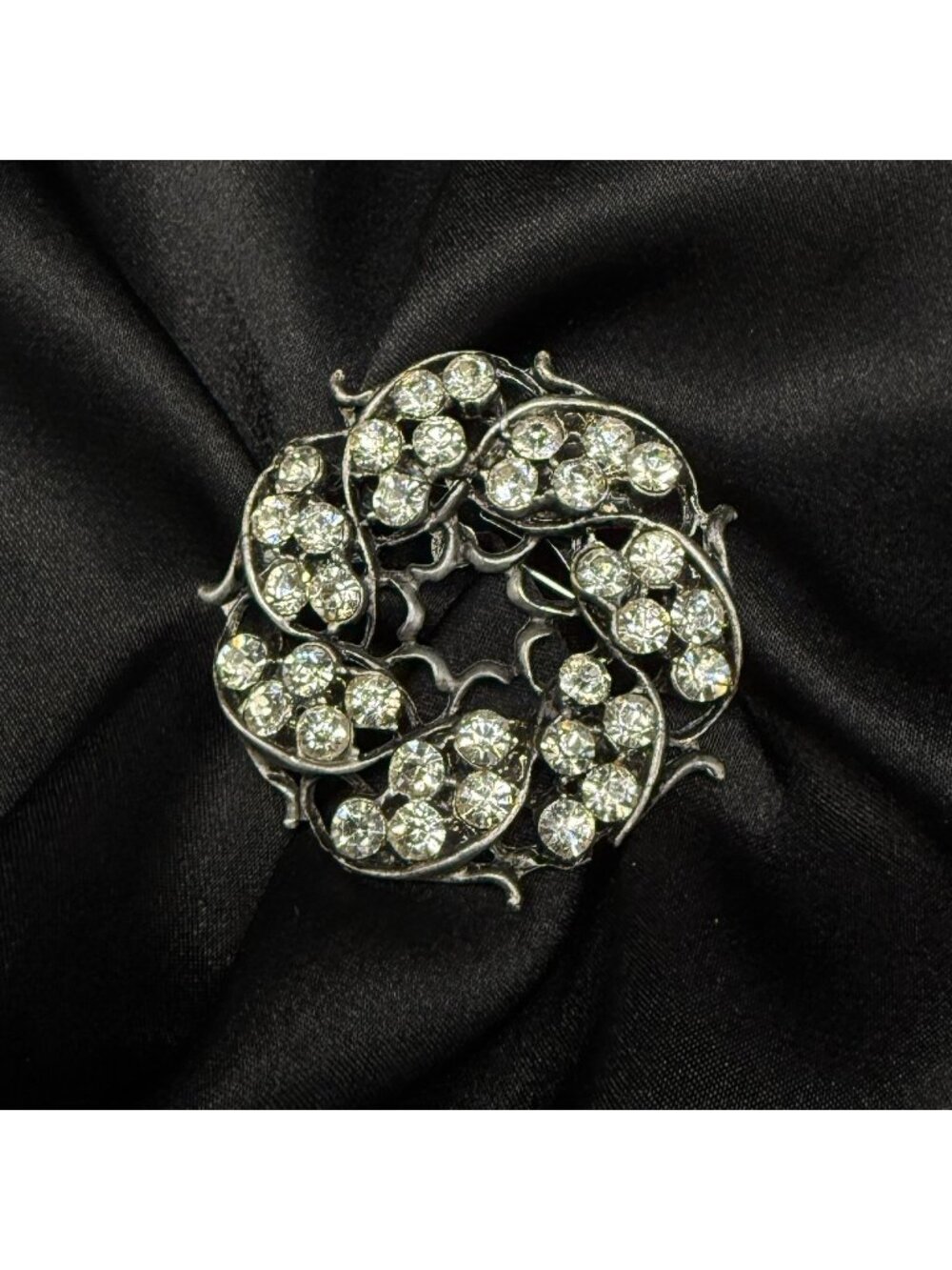 Vintage Rhinestone Circular Brooch With Silver-Tone Filigree Design